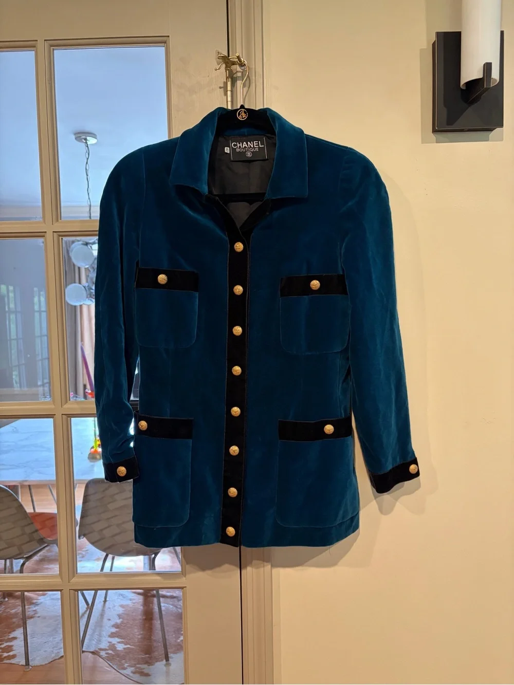 Vtg CHANEL teal blue Velvet Button-Front Jacket Blazer Sz 42